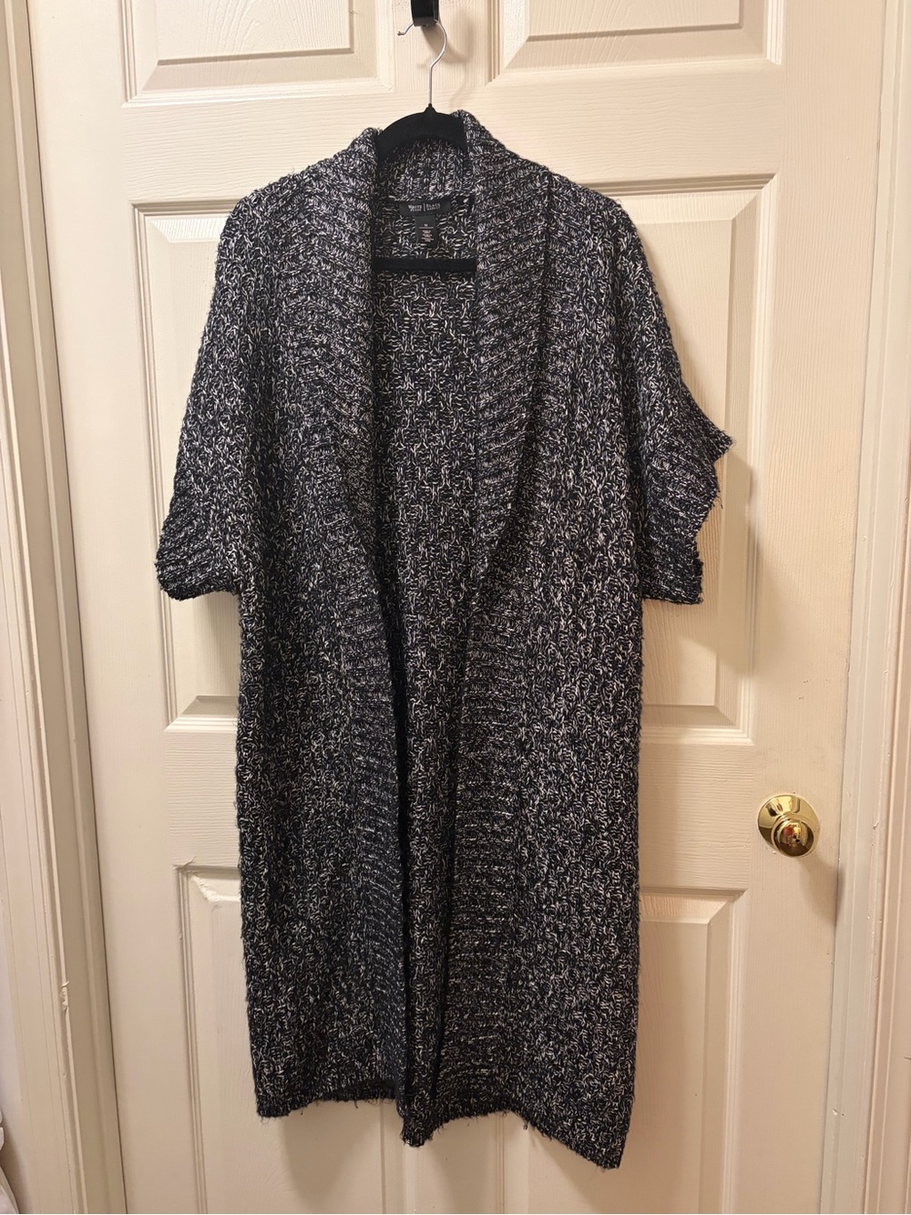 White House Black Market Cardigan Womens M Black White Marled Knit Long Open - Picture 2 of 9